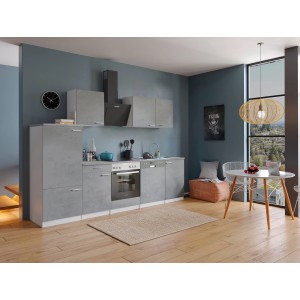 Respekta Küchenblock Malia 280 cm in Betonoptik mit E-Geräten, inklusive Herd, Geschirrspüler und Kühlschrank.