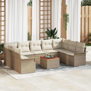 Beiges 10-tlg. vidaXL Garten-Sofa-Set aus Poly Rattan mit Tisch und Auflagen für Terrasse oder Garten.