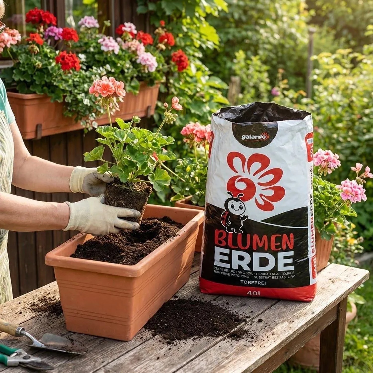 Person pflanzt Blumen mit Galamio torffreier Blumenerde im 40l Sack in einen Balkonkasten. Ideal für vitales Pflanzenwachstum.