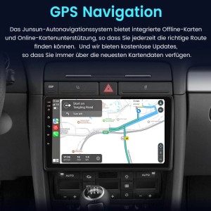Junsun 9 Zoll Autoradio im Audi A4. Das Touchscreen-Display zeigt GPS Navigation mit Routenführung. Autoelektrik.