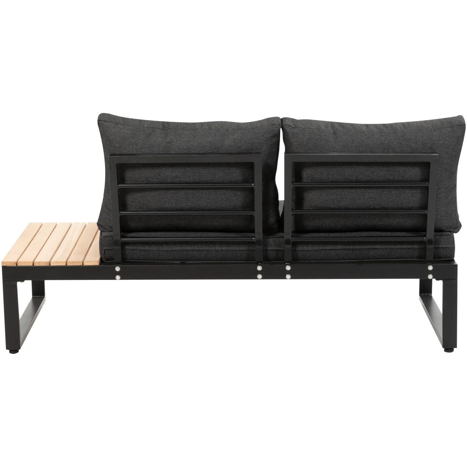 Greemotion Lounge-Set Rio, 3-teilig, Aluminium schwarz mit Akazienholz-Ablage und grauen Kissen.