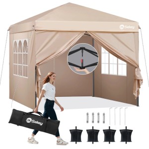 Sekey Pop Up Pavillon 3x3m Khaki mit Seitenteilen, Fenstern und Tragetasche. Zubehör für Sonnenschutz. One Touch System.