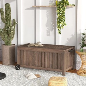 Braune Costway Gartenbox aus Holz (213 L) mit Rädern und PE-Auskleidung zur Aufbewahrung im Garten.