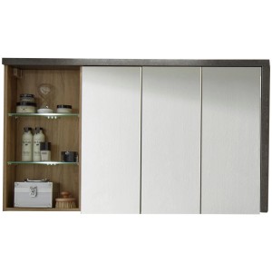 Trendteam Spiegelschrank Eiche Riviera Honig, 123 cm breit, mit drei Spiegeltüren und offenem Regal.