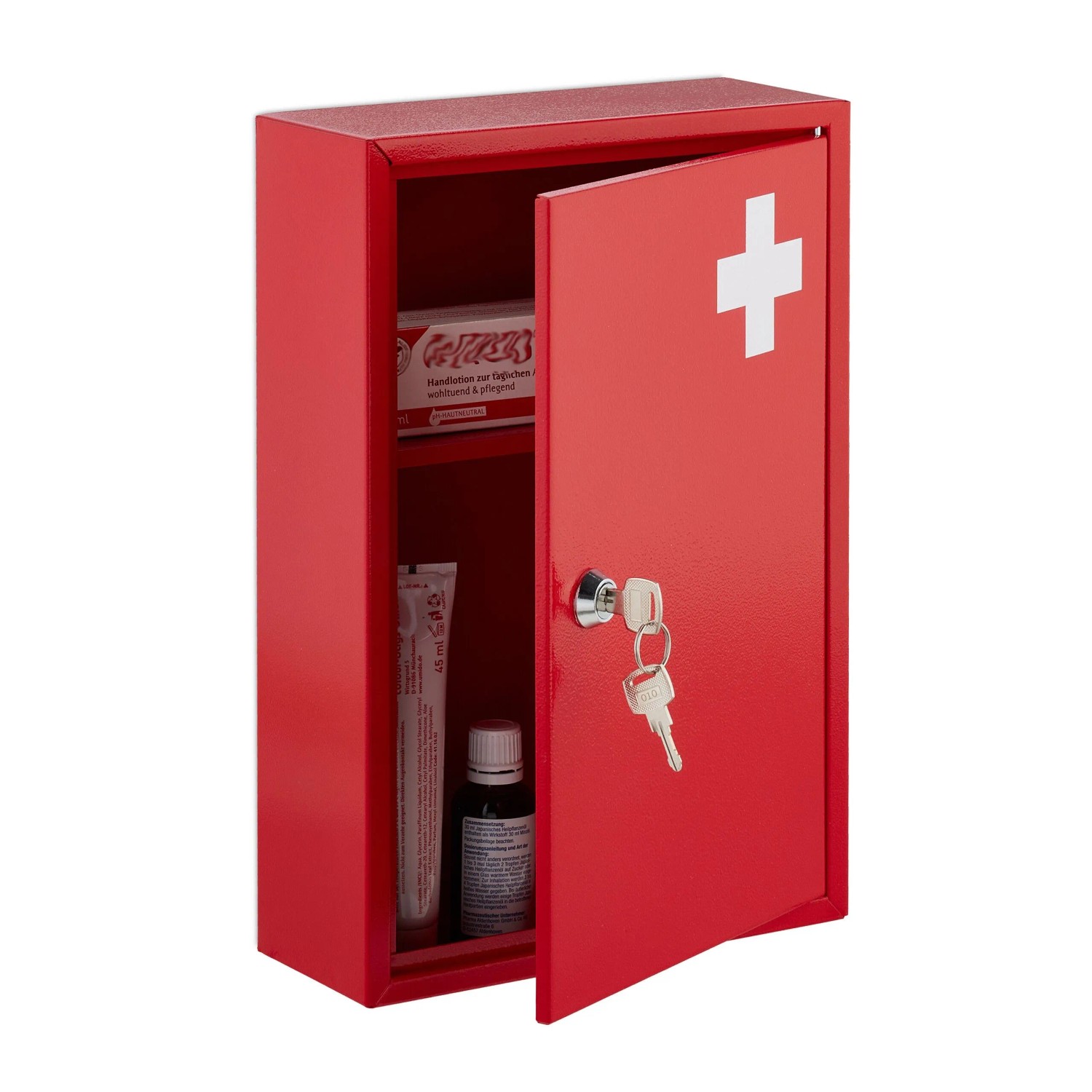Relaxdays Medizinschrank Eisen Rot Weiß Abschließbar 32 x 21,5 x 9,5 cm 1,3 kg
