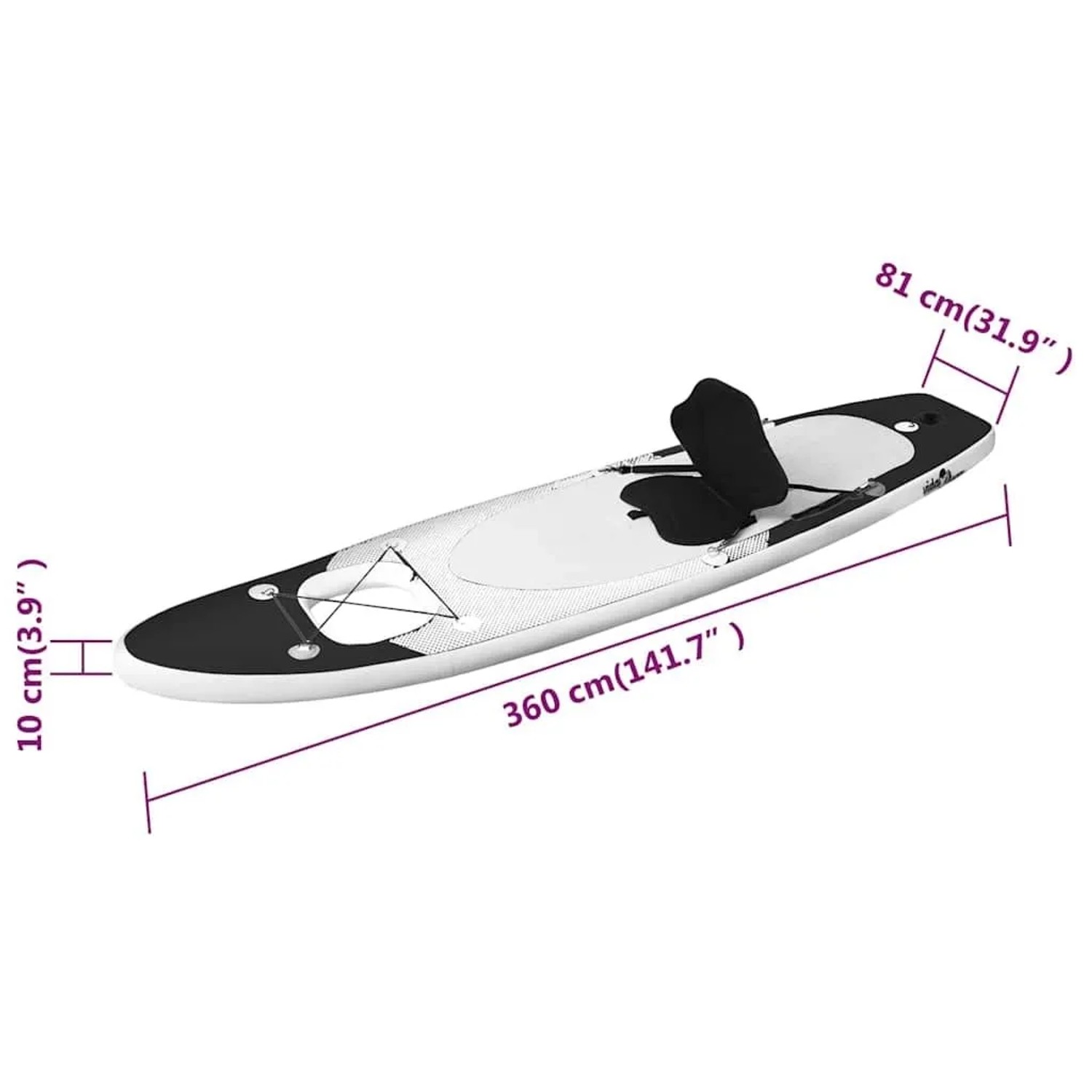 Aufblasbares, schwarzes SUP-Board-Set von vidaXL, 360x81x10 cm, mit Sitz.