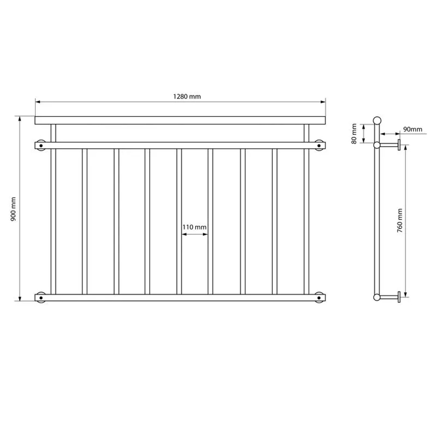 Technisches Diagramm: Französischer Balkon 128x90cm mit 9 glänzenden Edelstahl-Füllstäben. Maße für Tür- & Fenstersicherung.