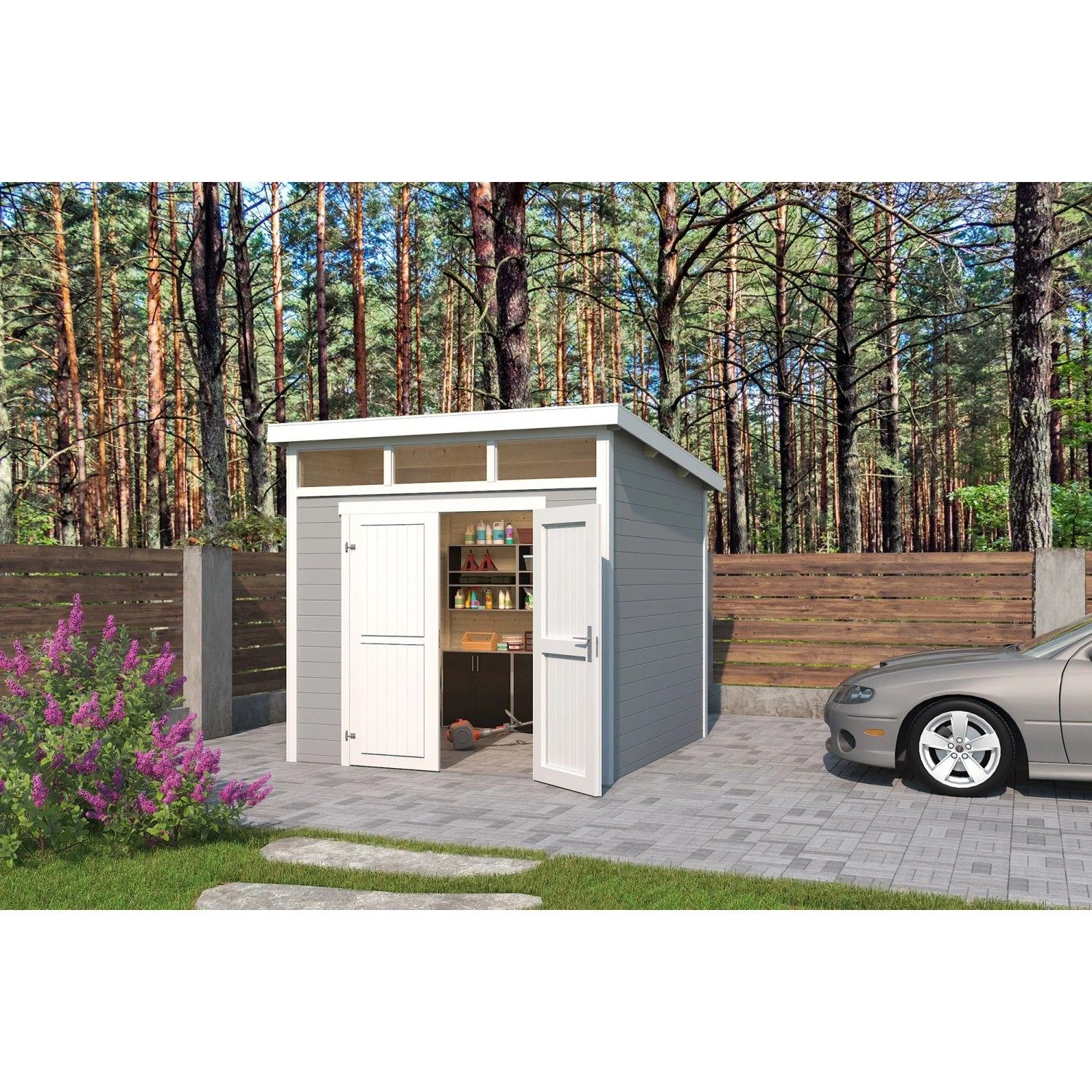 Lasita Holz-Gartenhaus Kibo 3 Flachdach Lichtgrau Lasiert 250 cm x 250 cm