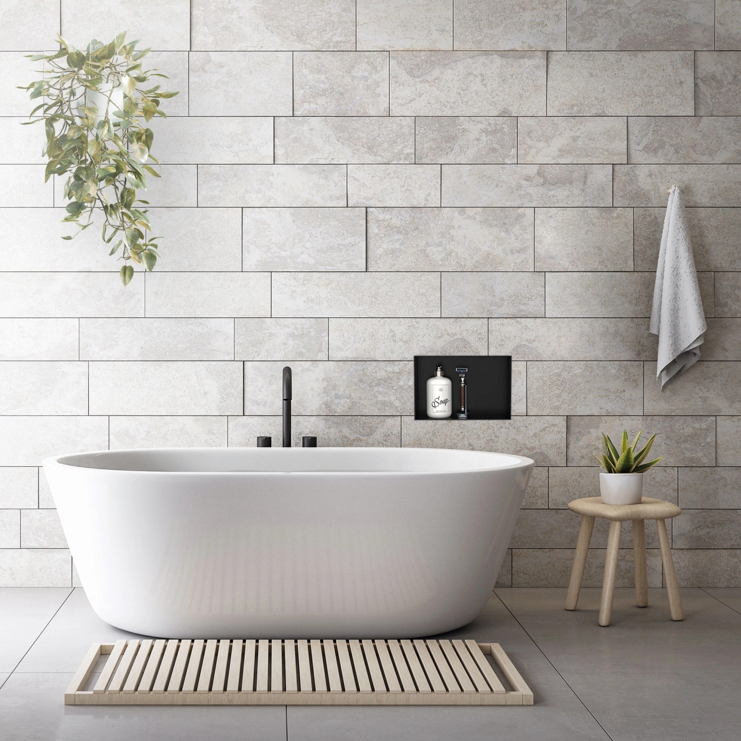 Eingebaute, schwarze LuxeBath Wandnische aus Edelstahl (20x30x10cm) im modernen Badezimmer.