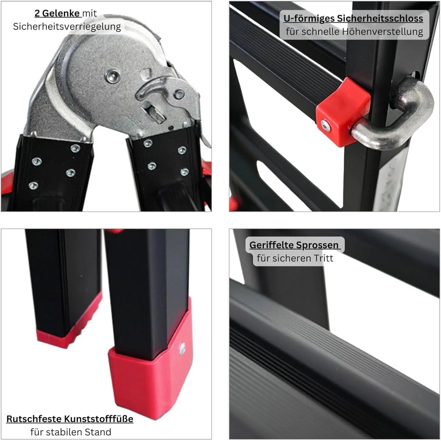 Details der schwarzen PROREGAL 3-in-1 Mehrzweckleiter: Gelenke, Sprossen, Füße, Schloss für Höhenverstellung.