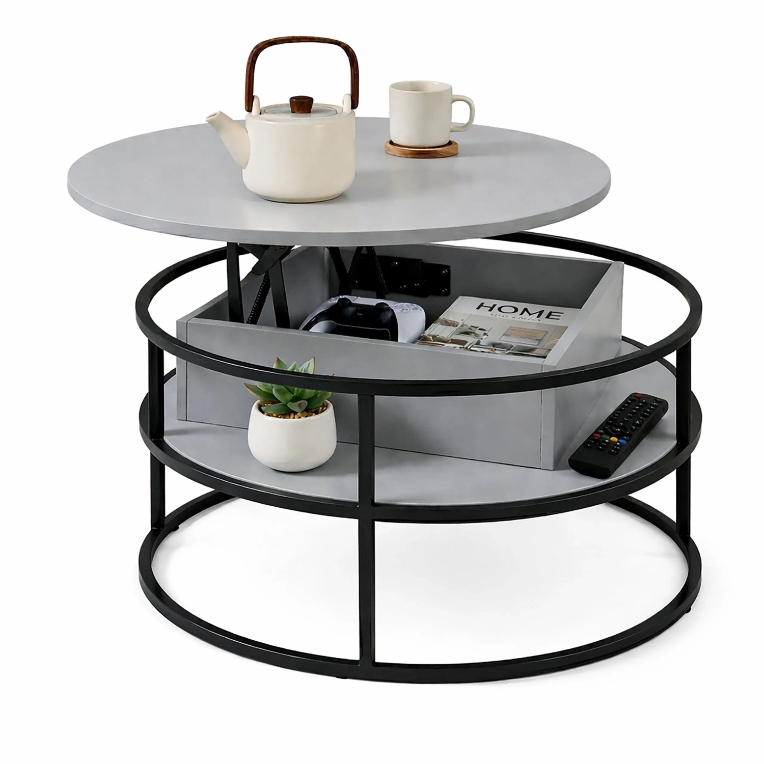 Relaxdays Couchtisch MDF Eisen Grau Höhenverstellbar mit Stauraum 46 cm x 80 cm