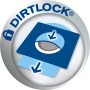 Swirl Dirtlock® Staubverschluss-Symbol für Staubsaugerbeutel. Blaues Schloss und Verschlussmechanismus mit Pfeilen.