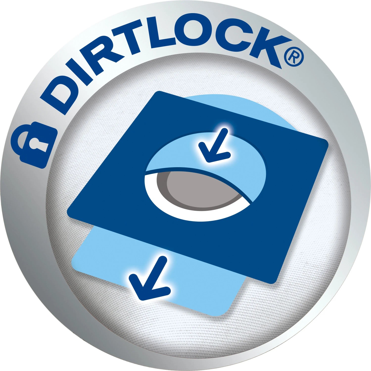 Swirl Dirtlock® Staubverschluss-Symbol für Staubsaugerbeutel. Blaues Schloss und Verschlussmechanismus mit Pfeilen.