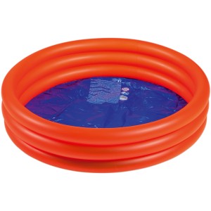 Rotes Happy People Planschbecken, Ø 100 cm, mit drei Luftringen und blauem Boden.