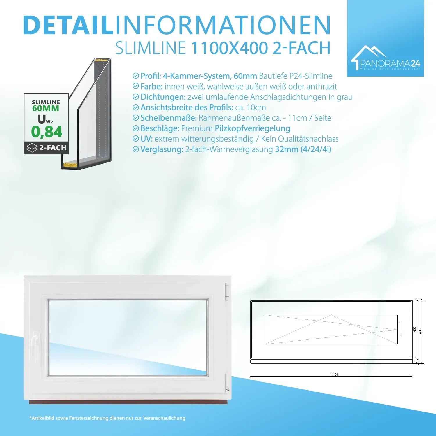 Framelux Kunststofffenster Slimline, anthrazit, 2-fach Verglasung, 1100x400 mm, Linksanschlag.