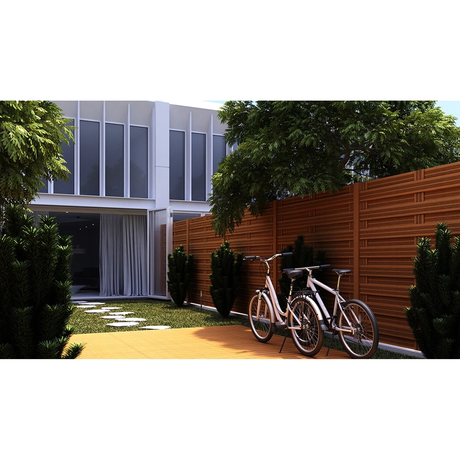 Teakfarbener Sichtschutzzaun Goch (180x90cm) im Garten mit Fahrrädern vor modernem Haus.