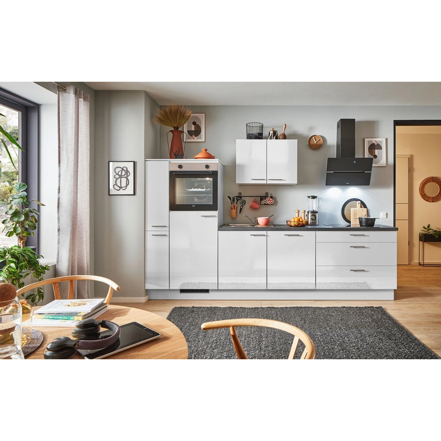 pino Küchenzeile 300cm Lichtgrau Hochglanz Anschlag L 1 Geräte-. 1 Seitensc günstig online kaufen