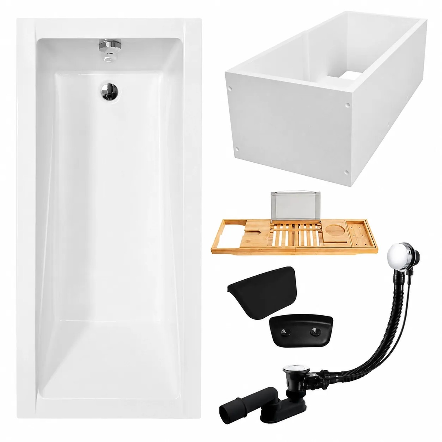 KOLMAN Badewanne Rechteck 130 x 70 Cm Mit Wannenträger Mit Bambus Badewannenablage Mit Kopfstütze KODI Inkl. Ablauf Und Füße