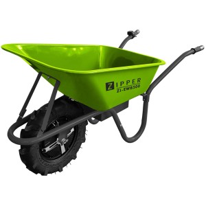 Zipper ZI-EWB500 Elektrische Schubkarre, grüne Mulde, schwarze Reifen. Baugerät für Garten und Baustelle.