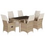 7-tlg. Garten-Bistro-Set: Rattan-Optik, beige, mit Tisch und Sesseln mit cremefarbenen Kissen.