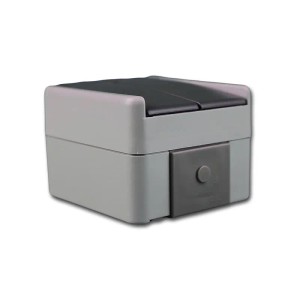 Grauer TEM Fontana Doppel Taster AP IP44 für Feuchträume. Robuster Aufputz-Schalter mit zwei oberen und einem Front-Taster.