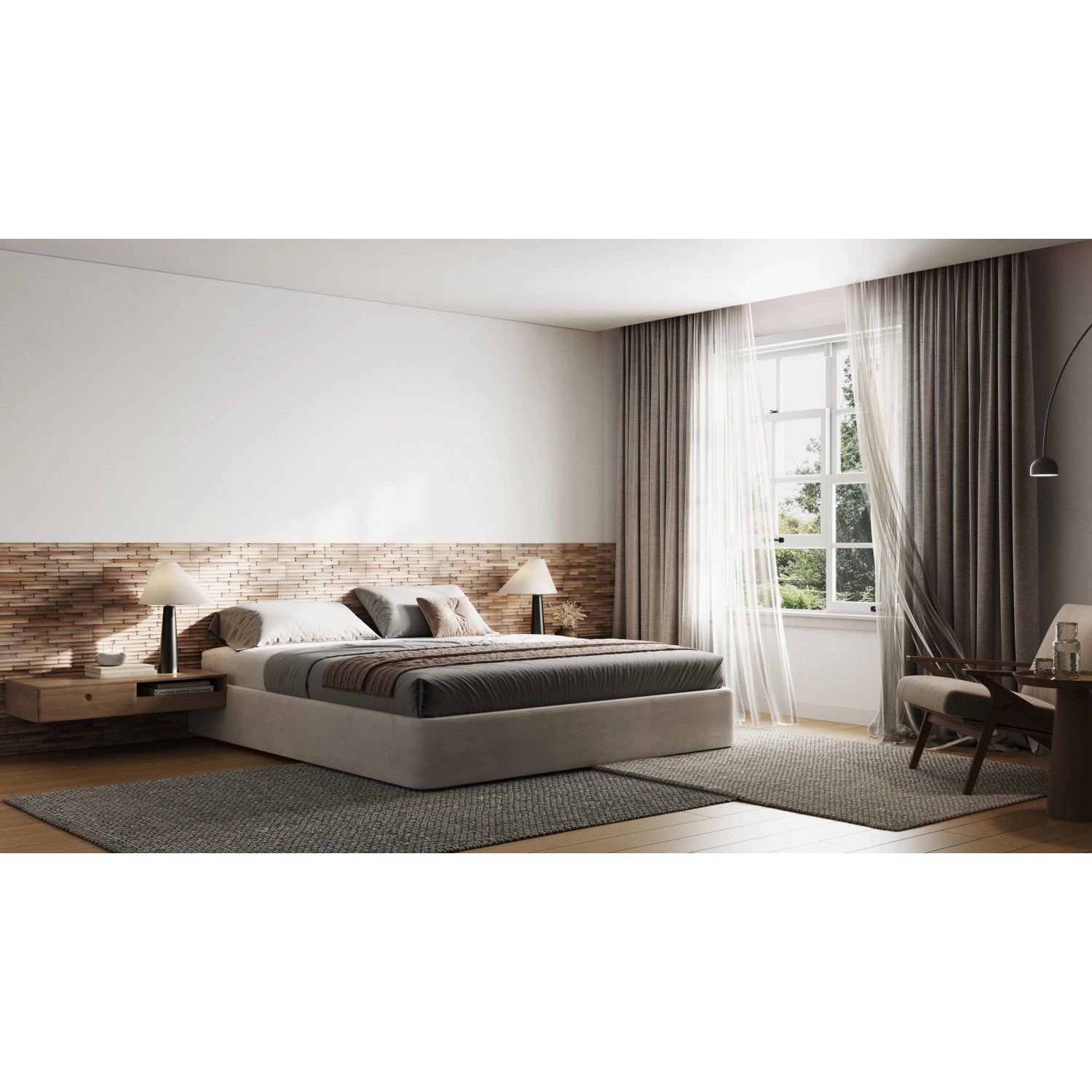 Schlafzimmer mit braunem Rebel of Styles Holzverblender UltraWood Concave als Wandgestaltung.