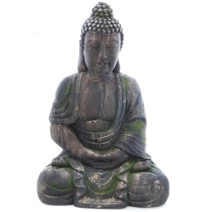 Sitzende Buddha Gartenfigur aus Magnesia, braun-grün, 62x31x43cm. Dekorative Gartendeko für den Außenbereich.