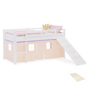 Homestyle4u Kinder Hochbett 90x200 Rutsche Vorhang Lila Peach Kinderbett 2956