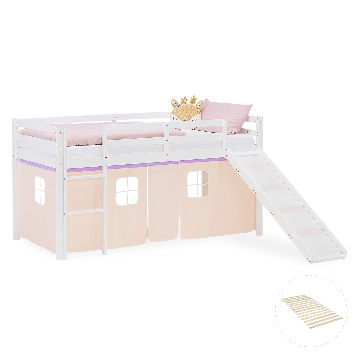 Homestyle4u Kinder Hochbett 90x200 Rutsche Vorhang Lila Peach Kinderbett 2956
