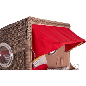 Detailansicht Strandkorb Rantum Teak PE Grey mit roter Markise und Bullauge.