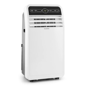 Weiße Klarstein Metrobreeze Klimaanlage mit Display und Rollen. Mobiles Klimagerät für Zuhause.