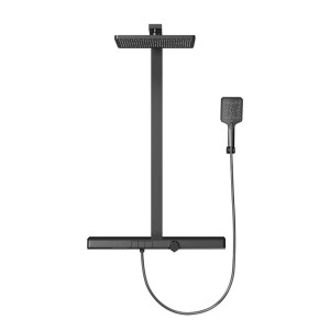 Emke Duschsystem mit Thermostat, mattschwarzes Duschset mit Hand- und Regendusche.