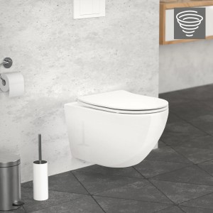 Weißes, spülrandloses LuxeBath Wand-WC mit Softclose-Sitz und Tornadospülung.
