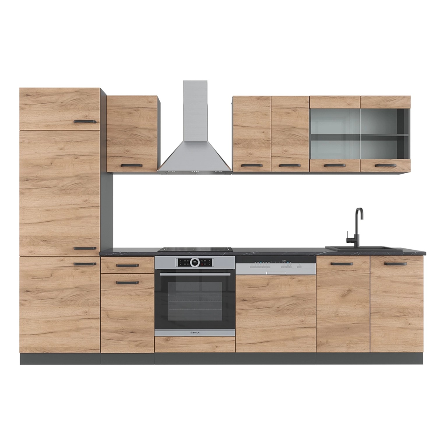 Vicco R-Line Küchenzeile Goldkraft Eiche/Anthrazit 300 cm ohne Arbeitsplatt günstig online kaufen
