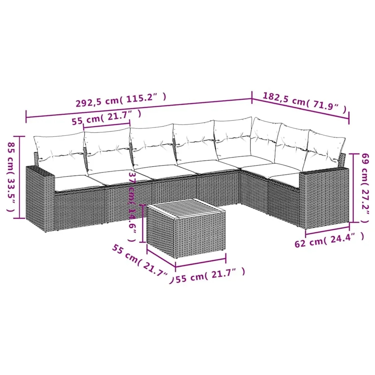 vidaXL 8-tlg. Garten-Sofagarnitur, schwarzes Poly Rattan mit Kissen und Tisch. Gartenmöbel für Terrasse und Garten.