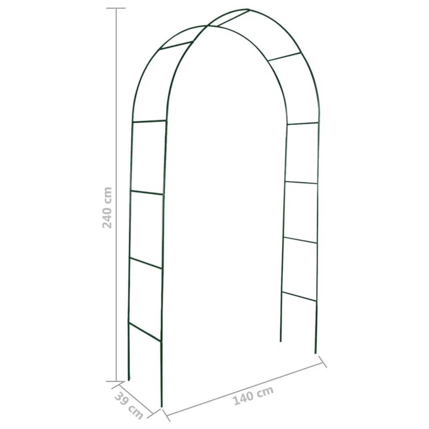 Zwei dunkelgrüne Rosenbögen/Torbögen aus Metall für Kletterpflanzen im Garten.