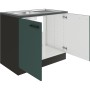 OPTIFIT Verona405 Spülenunterschrank, 100 cm, Steingrün mit Edelstahlspüle und geöffneten Türen.