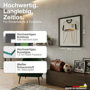 Schwarzer Trikotrahmen aus Echtholz (40x50 cm) mit Trikot, ideal für Kindertrikots und Fan Shirts.