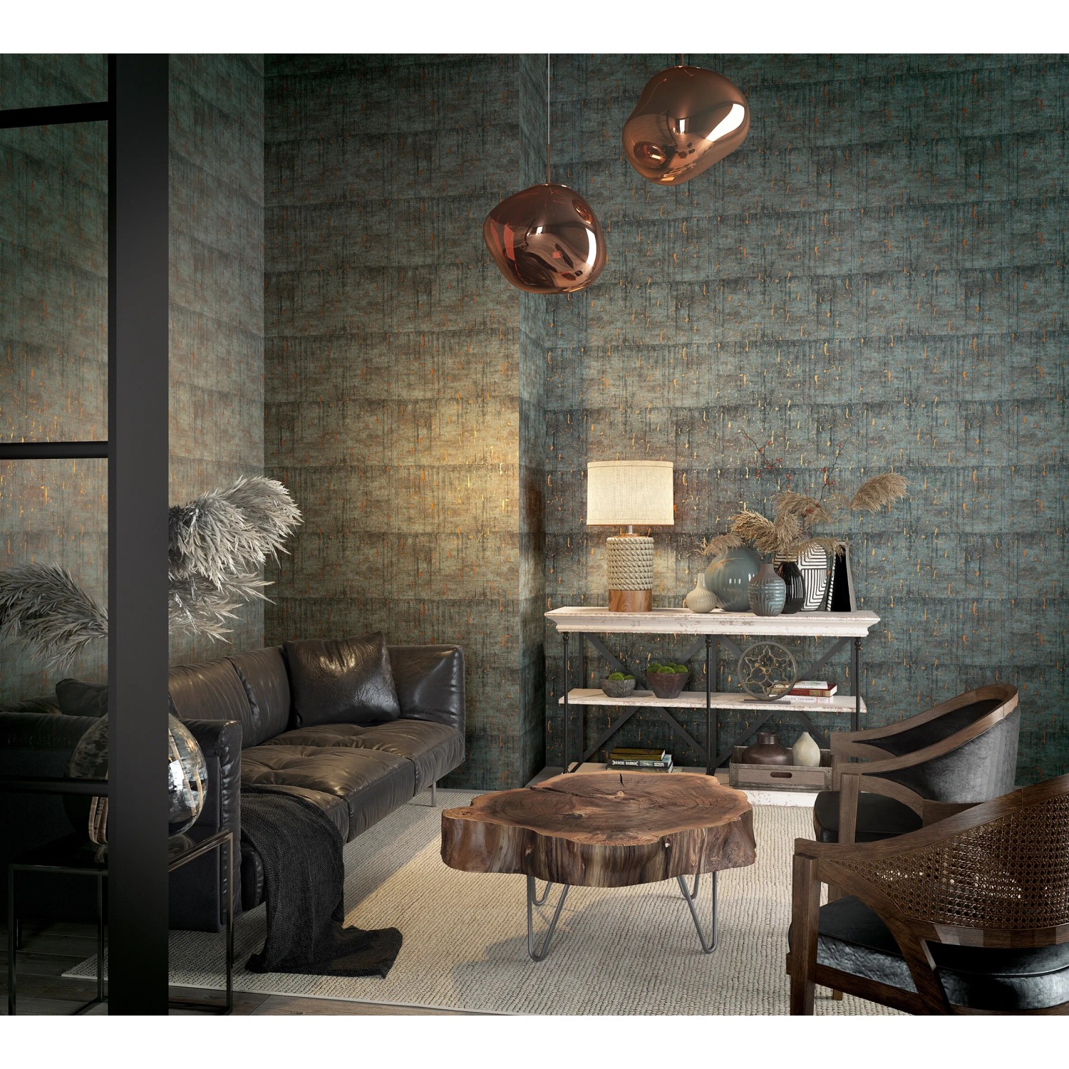 Wohnraum mit anthrazitfarbener Marburg Vliestapete in Betonoptik mit Struktur.