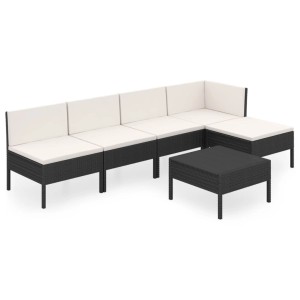 Schwarzes 6-tlg. Garten Lounge Set aus Rattan mit cremeweißen Auflagen und Tisch.