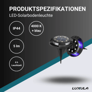 LUXULA Solar Gartenstrahler mit Erdspieß, 4000K + Blaulicht, für Wege- und Beetbeleuchtung.