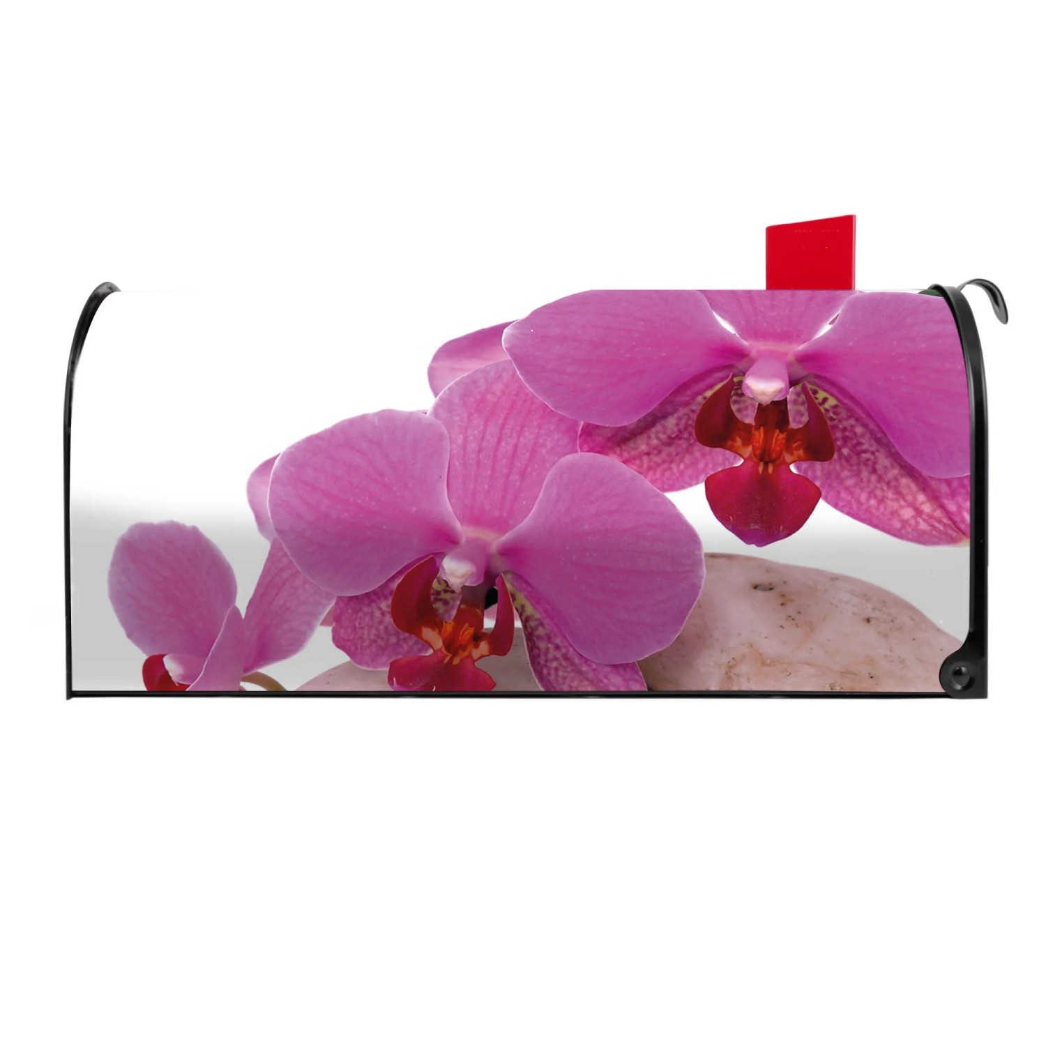 Schwarzer US Briefkasten mit Orchideen Motiv. Amerikanischer Postkasten aus Stahl, pulverbeschichtet.