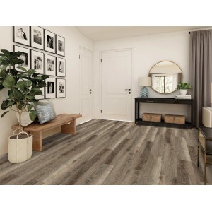 Verlegtes Click-Vinyl San Diego Oak Diele Town im Wohnraum mit Holzbank und Deko.