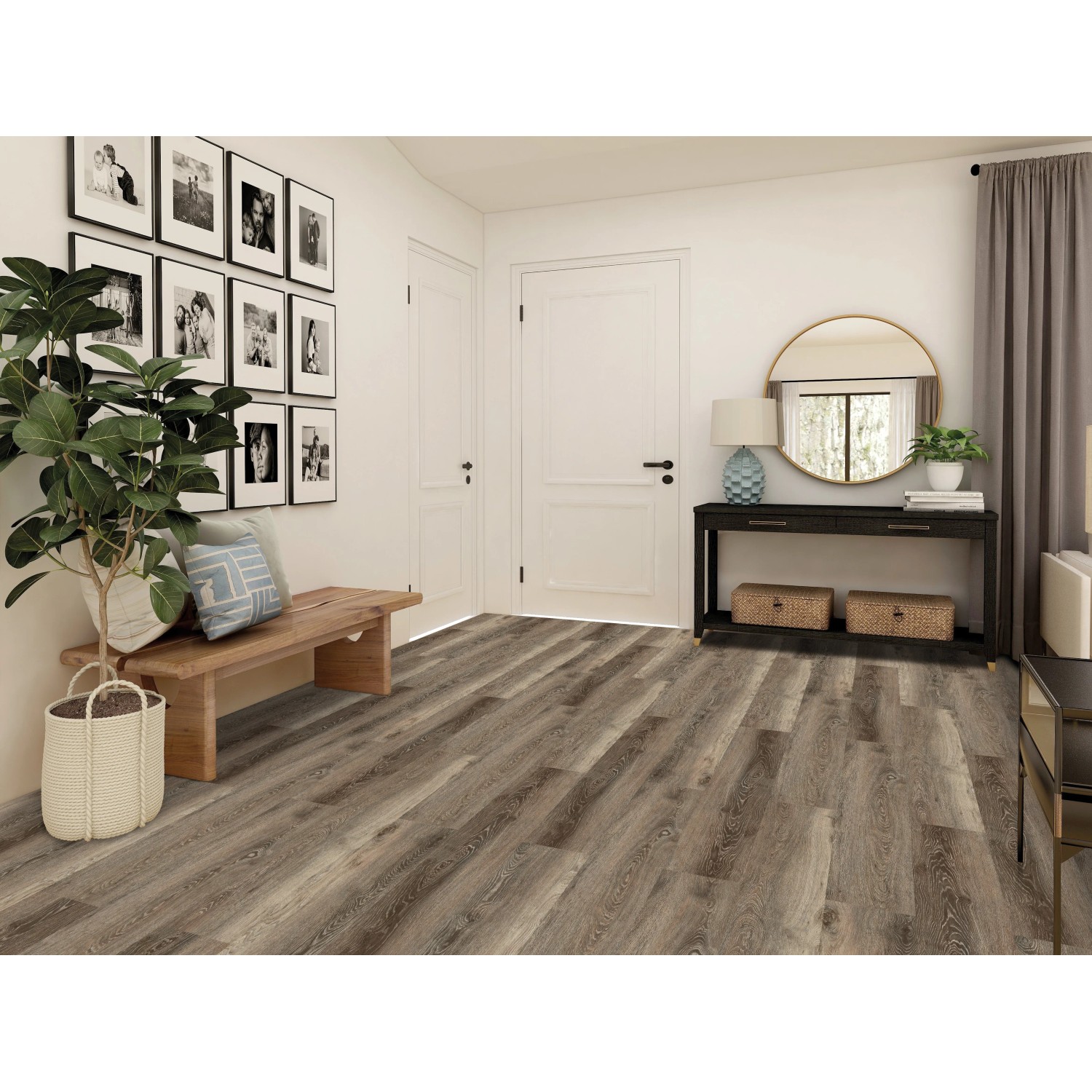 Verlegtes Click-Vinyl San Diego Oak Diele Town im Wohnraum mit Holzbank und Deko.