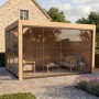 Moderne weka Gartenlaube Lumley aus Holz mit Glasschiebetüren und Holzwänden als Terrassenüberdachung.