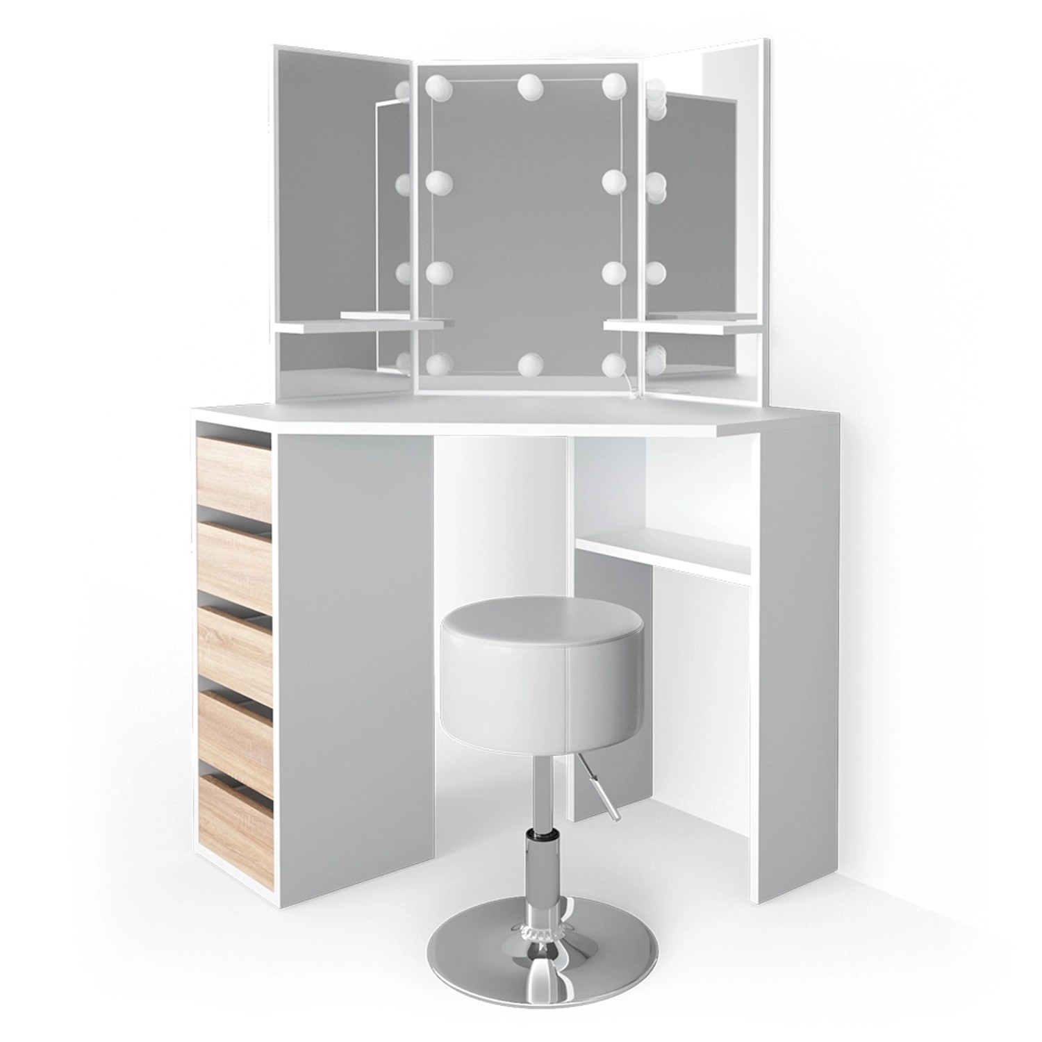 Vicco Eckschminktisch Arielle Weiß/Sonoma/Sonoma 110 cm mit LED Beleuchtung günstig online kaufen