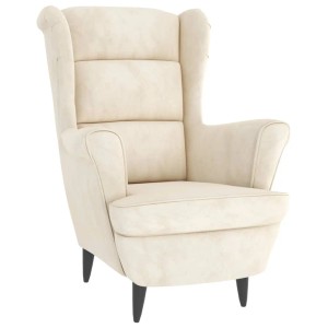 Cremefarbener Ohrensessel mit Hocker aus Samt, ideal zum Relaxen.