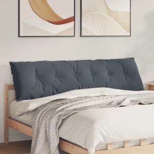 Dunkelgraues Cordstoff Rückenkissen, 180x50 cm, mit Knopfheftung auf Holzbett. Ideal als bequemes Kopfteil.