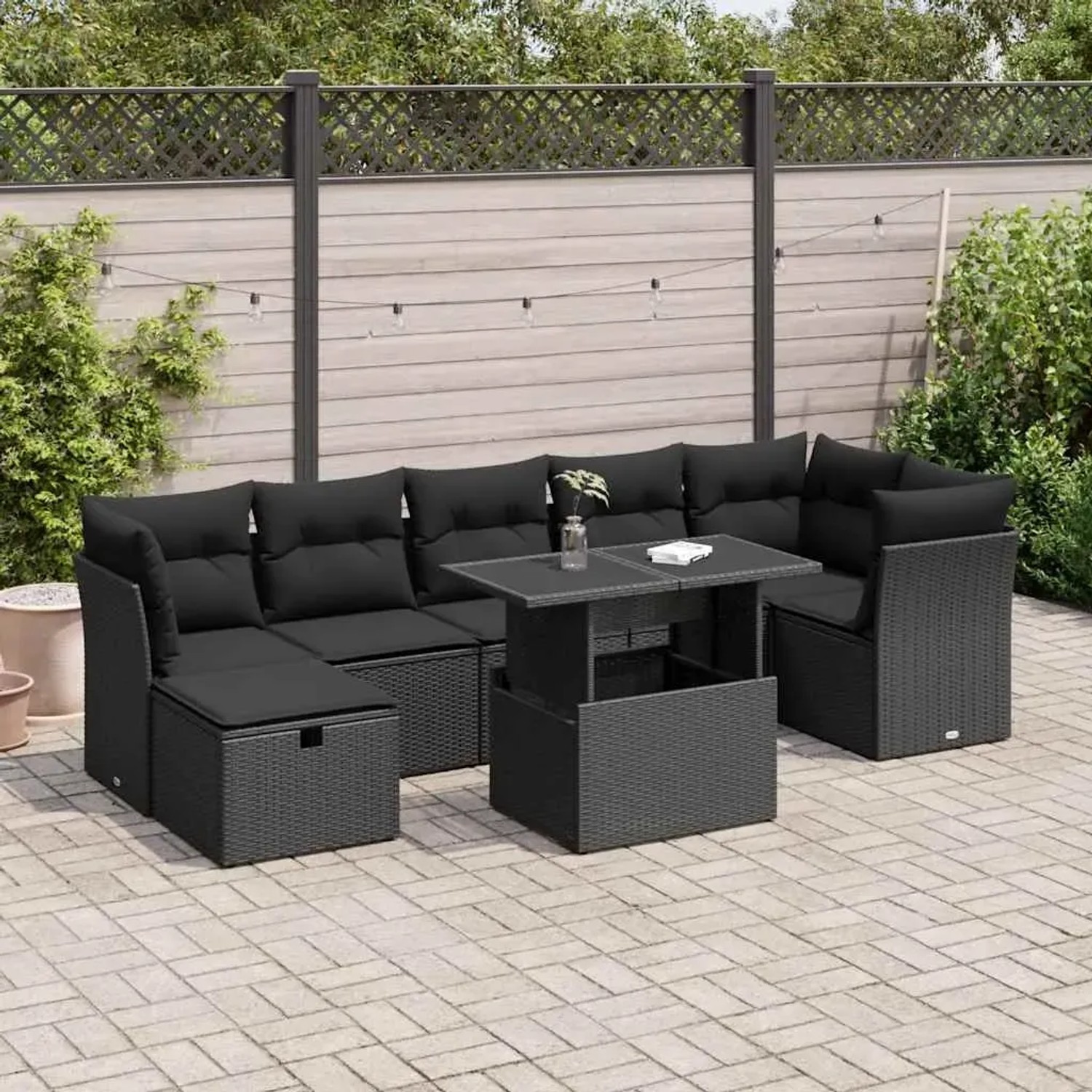 Schwarze 8-tlg. vidaXL Garten-Sofagarnitur aus Polyrattan mit Tisch und Kissen.