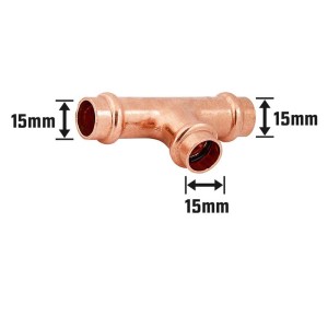 Kupfer Press-T-Stück, 15 mm Durchmesser für Rohrsysteme in Heizung, Solar und Sanitär.
